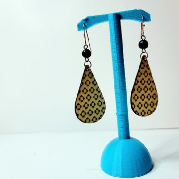 Handmade Wooden Teardrop intrigued Pattern Earrings with Plastic Beads and Wire - Picture 3 of 3